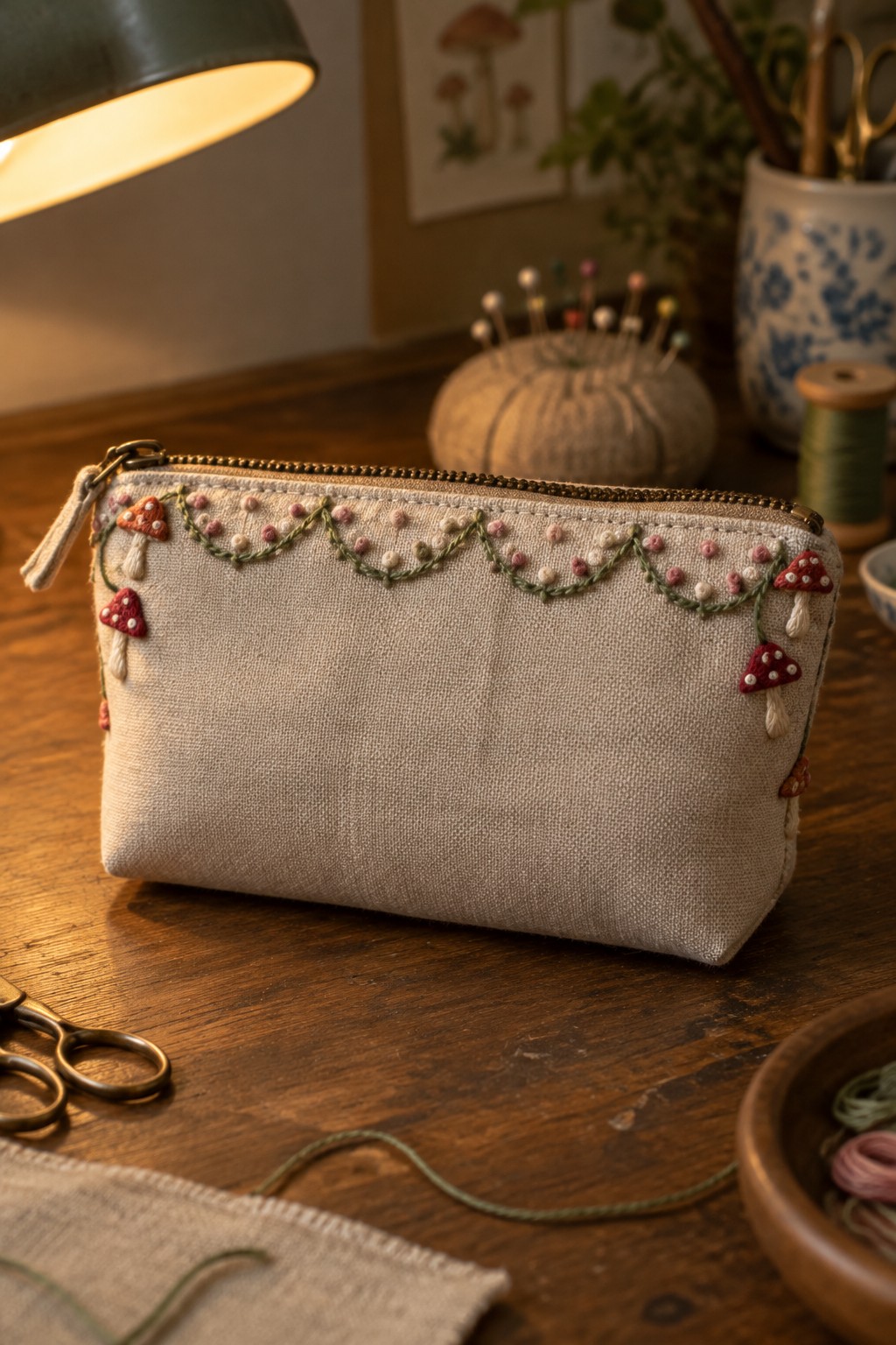 Beige linen zipper pouch embroidered with a green scalloped border, small berry stitches, and red mushroom motifs near the corners.
