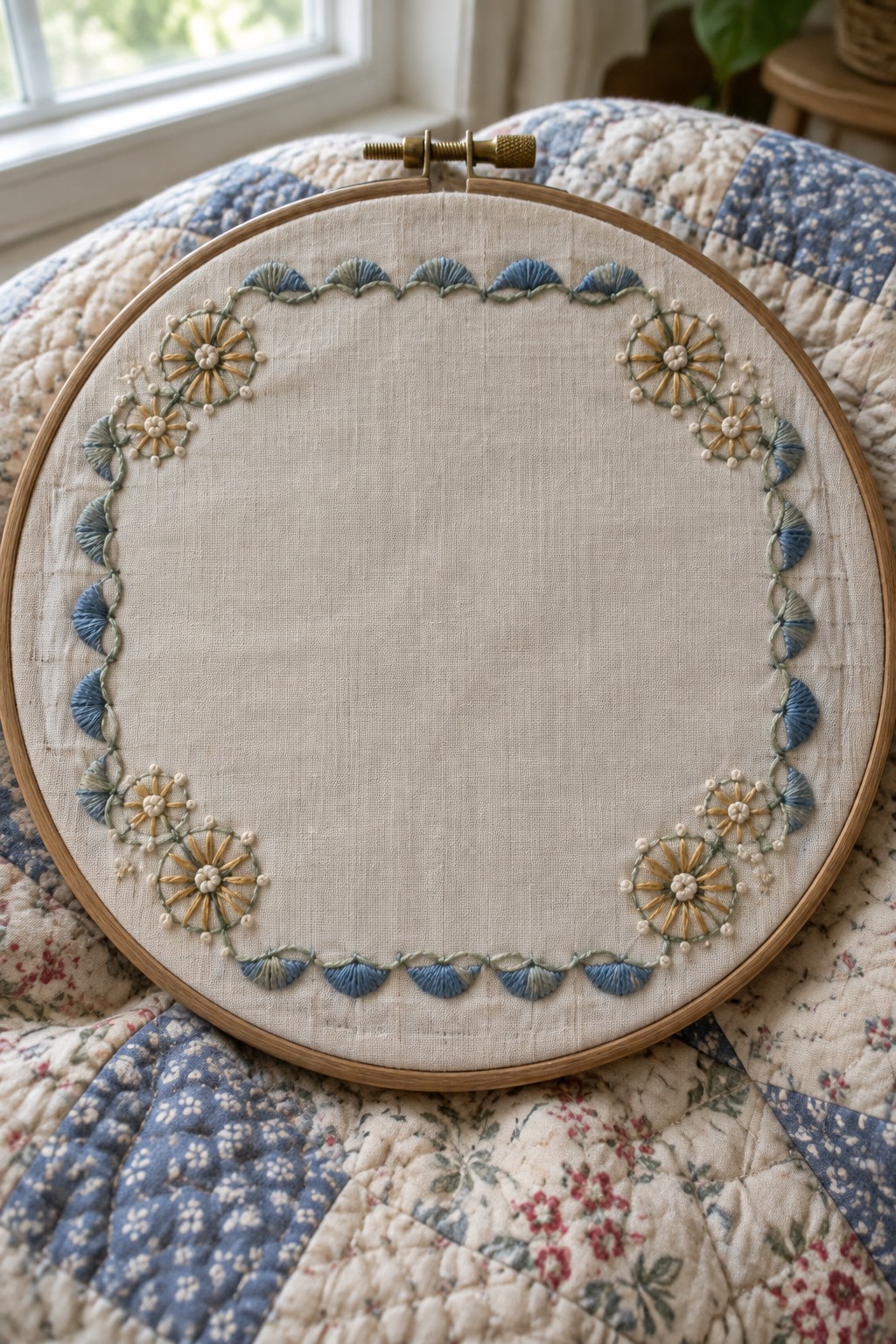 A wooden embroidery hoop holds cream fabric stitched with a blue scalloped border and flower clusters at the corners.