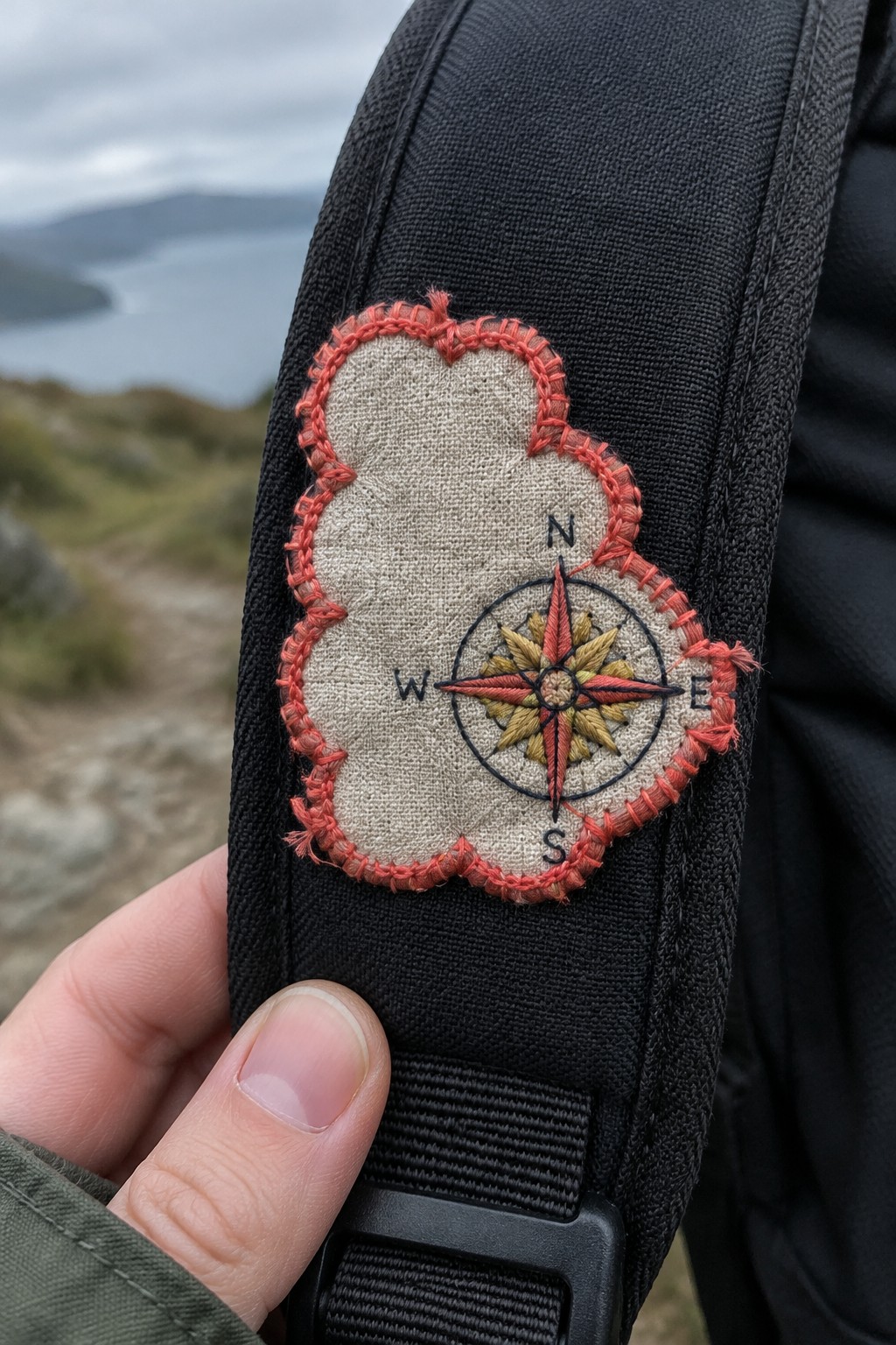 A beige scalloped fabric patch embroidered with a coral border and compass rose is attached to a black backpack strap.