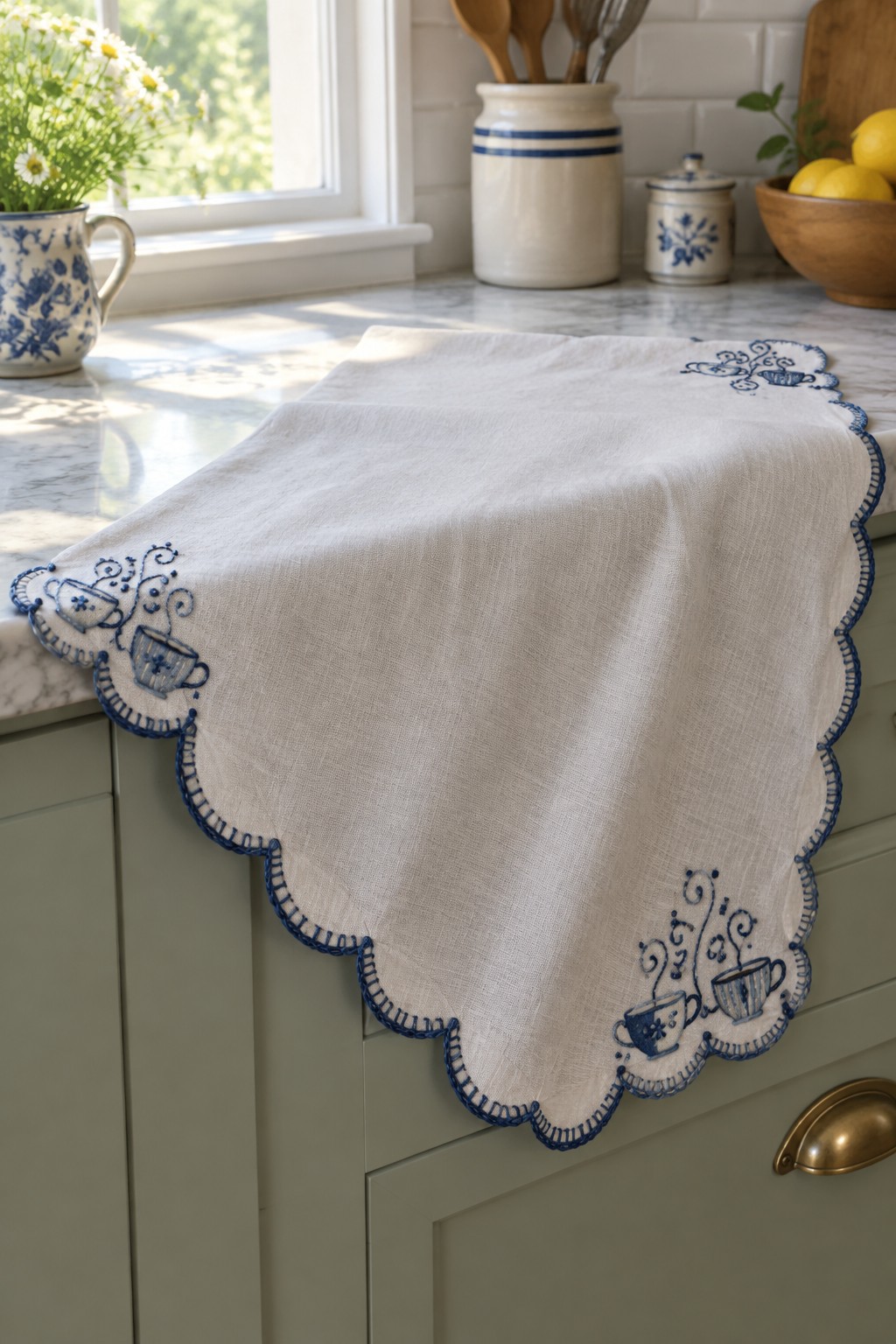 An ivory linen runner with a blue scalloped embroidered border and teacup motifs draped over a kitchen counter.