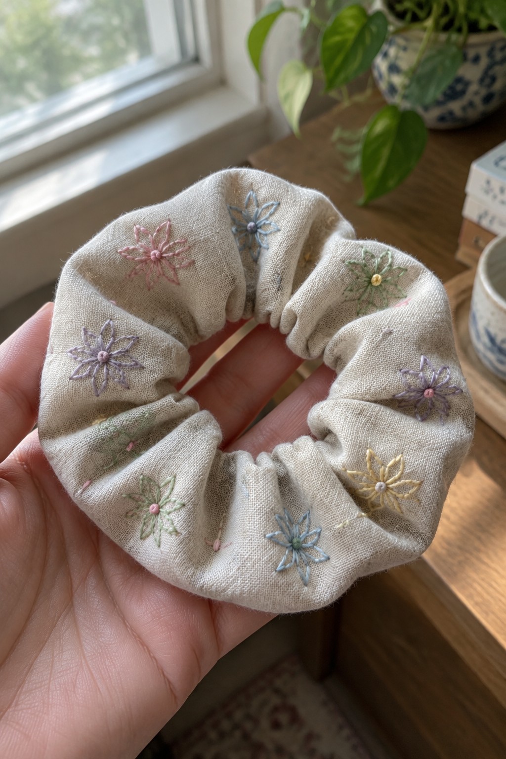A hand holds a cream fabric scrunchie embroidered with small pastel star-shaped flowers.