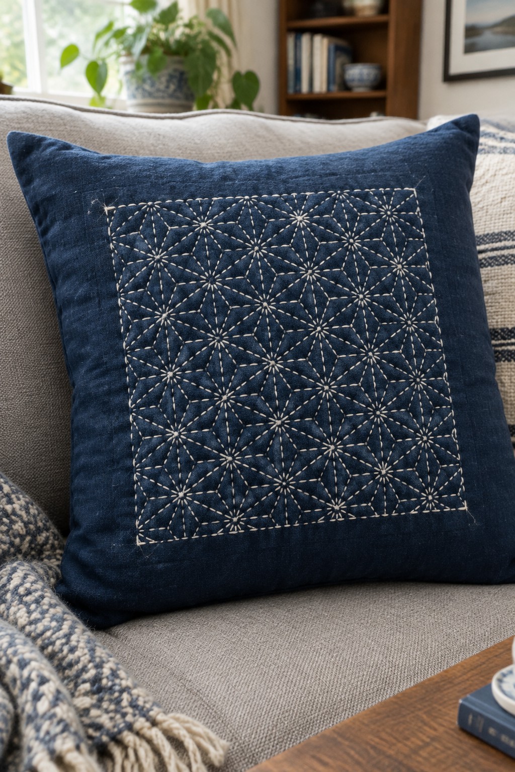 A navy cushion cover with a square cream-stitched Asanoha pattern rests on a beige sofa.