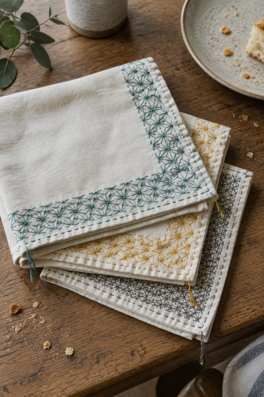 Three folded cream linens with teal, mustard, and charcoal asanoha borders rest on a wooden table beside a plate and plant.