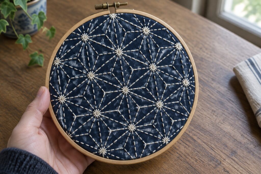 Cream Asanoha stitching covers indigo fabric stretched in a round wooden embroidery hoop held above a table.
