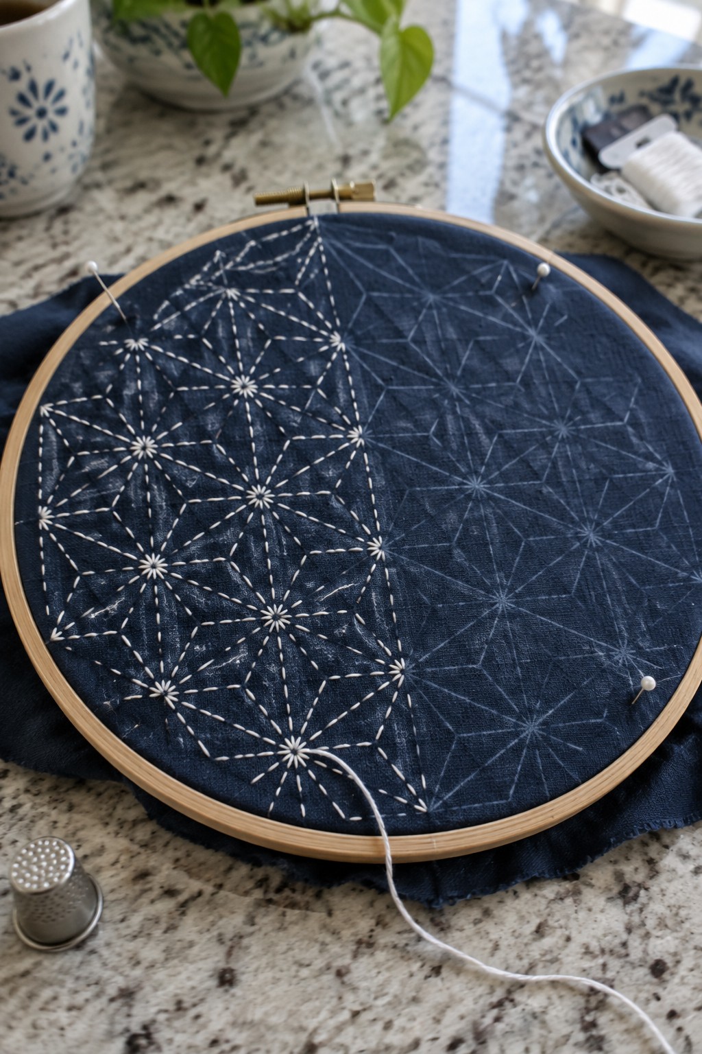 A round hoop holds navy fabric marked with an Asanoha grid, partly stitched in cream thread.
