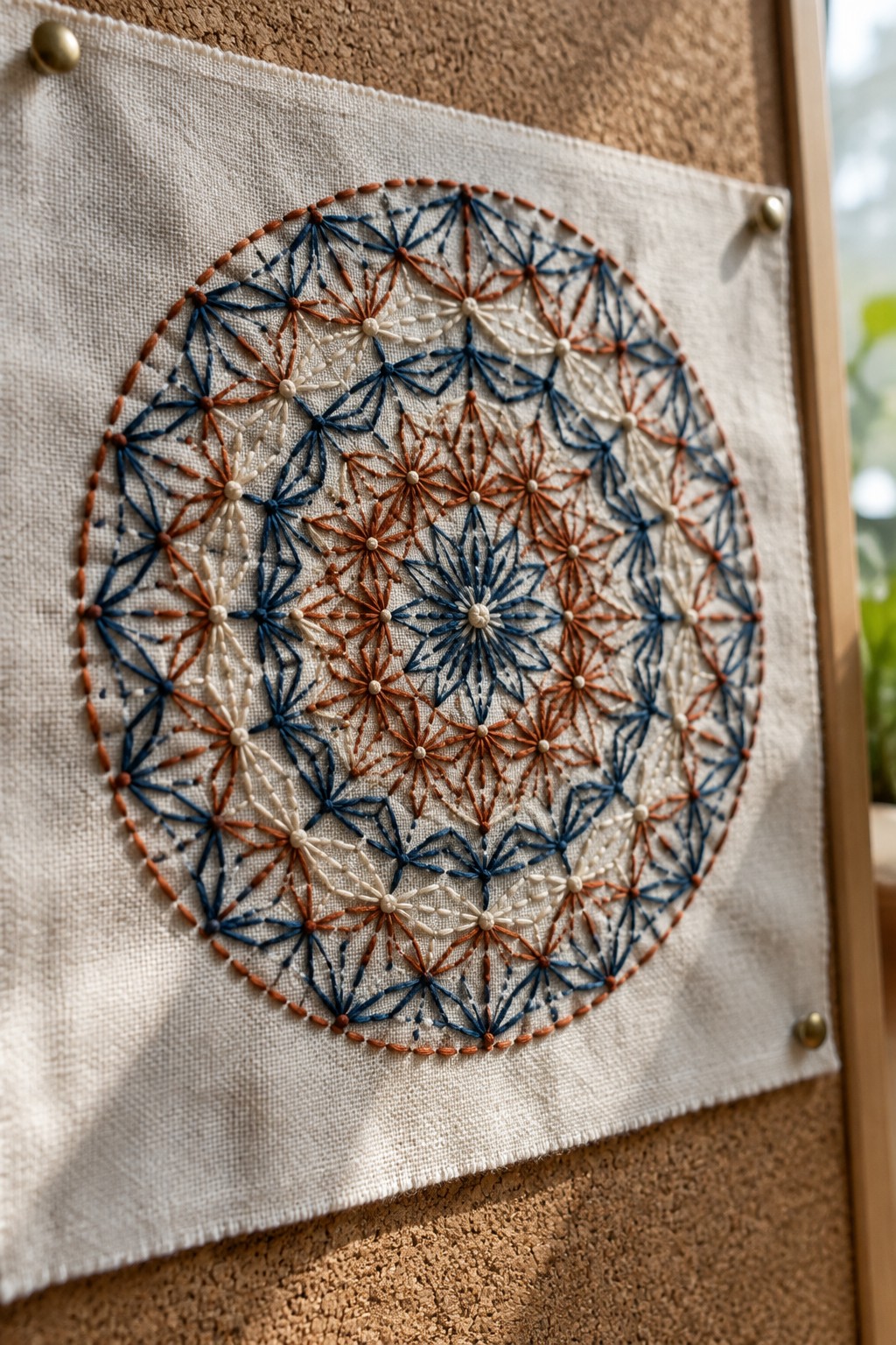 A circular asanoha-style pattern stitched in rust, navy, and cream thread on linen pinned to a corkboard.