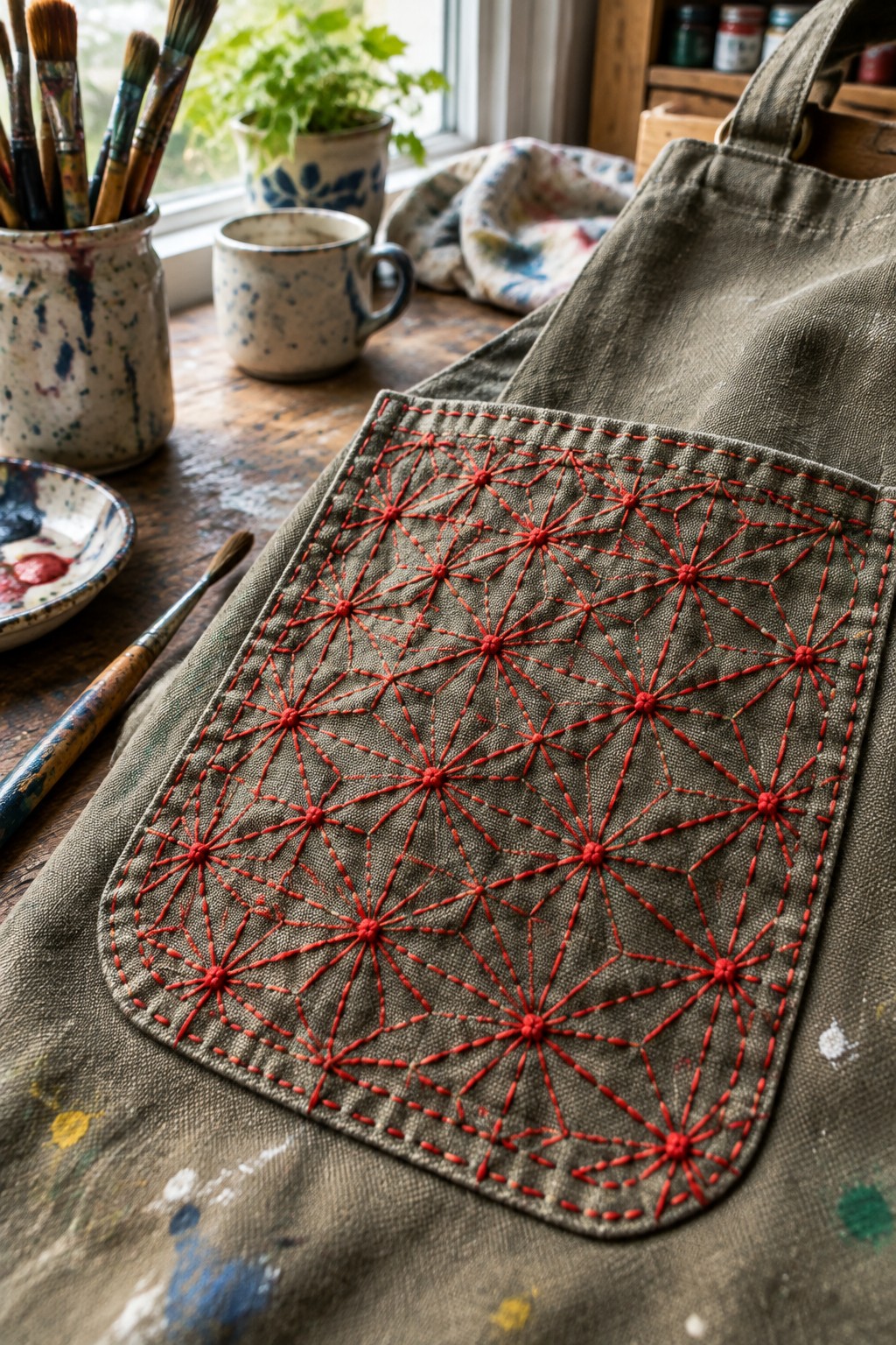 Red asanoha stitching covers a rounded pocket on a gray-green artist’s apron beside paintbrushes and a ceramic mug.
