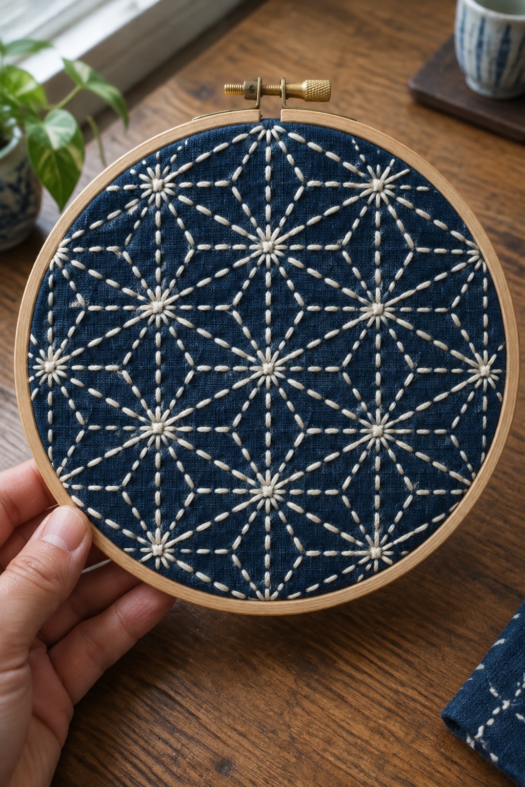 Cream Asanoha stitching covers indigo fabric stretched in a round wooden embroidery hoop held above a table.