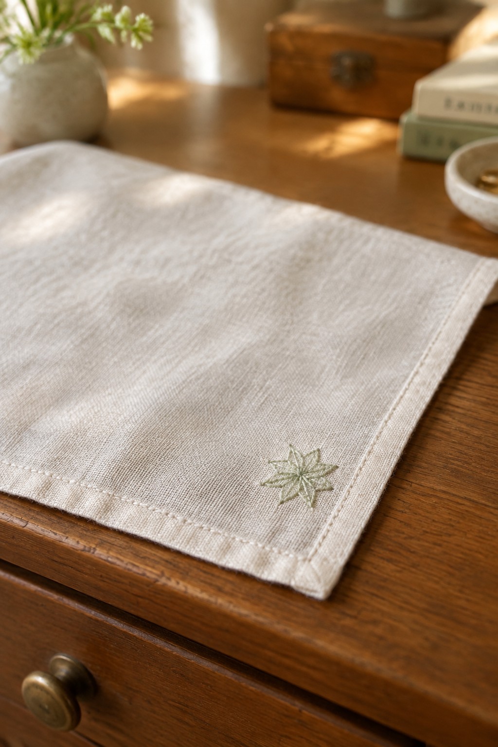 A pale linen table runner with a small green Asanoha motif embroidered near one corner rests on a wooden table.