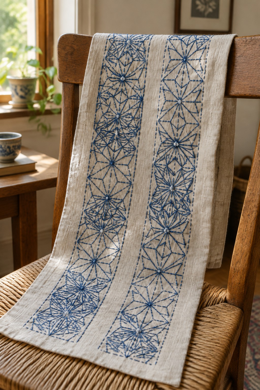A linen runner with two long blue Asanoha embroidery bands draped over a wooden chair.