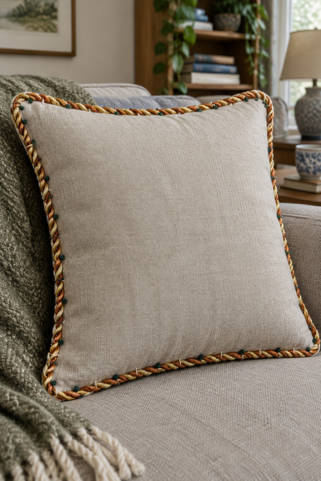 A beige cushion with a twisted gold and rust border and small green accents rests on a sofa.