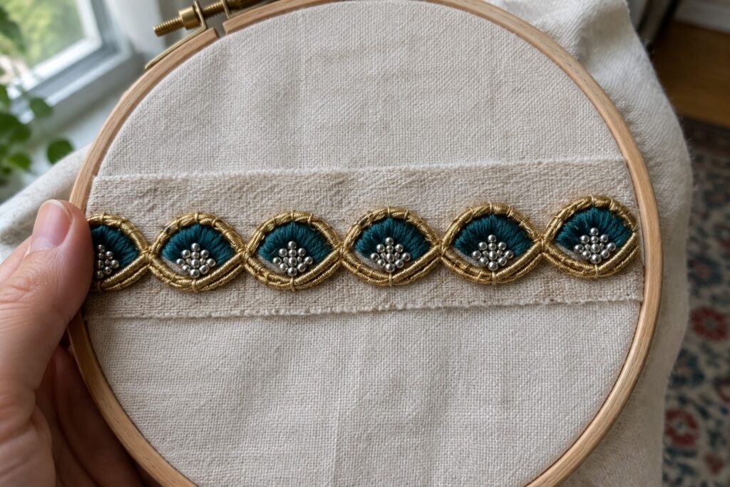 19 Zardozi Embroidery Border Designs With Metallic Thread Details Teal scallop motifs edged with gold thread and small silver-toned beads embroidered in a vertical row on fabric held in a wooden hoop.