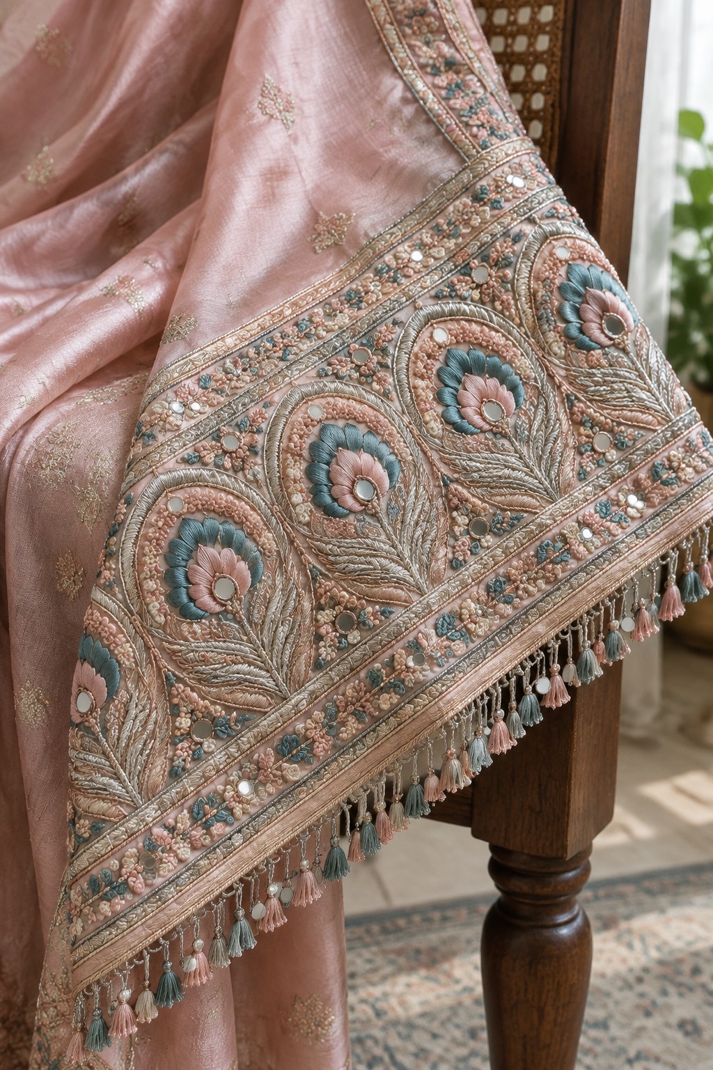Dusty-pink fabric draped over a wooden chair, with a wide floral embroidered border and hanging tassels.