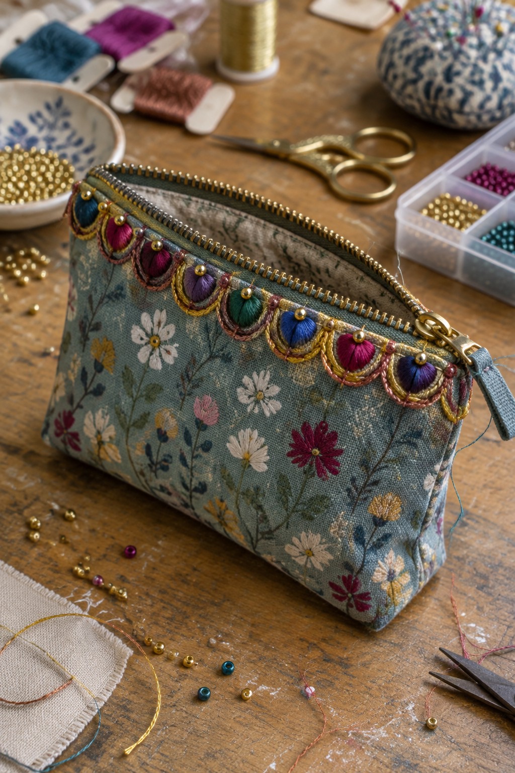 A floral fabric zipper pouch with a multicolored scalloped embroidered border and gold beads on a worktable.