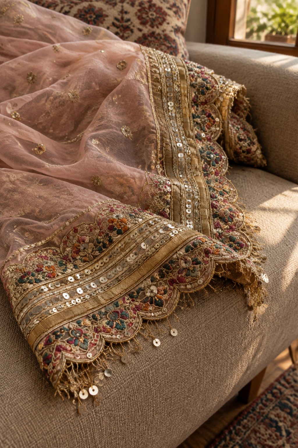 A sheer pink dupatta with an ornate gold and multicolored floral scalloped border draped over a beige sofa.