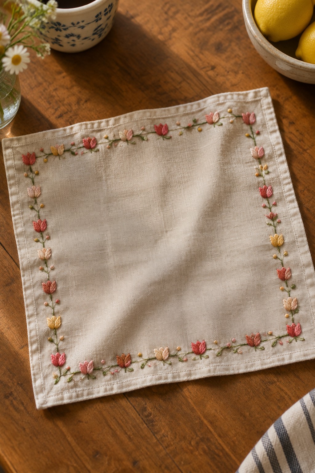 A beige linen placemat with a border of small embroidered flowers and green vines lies on a wooden table.