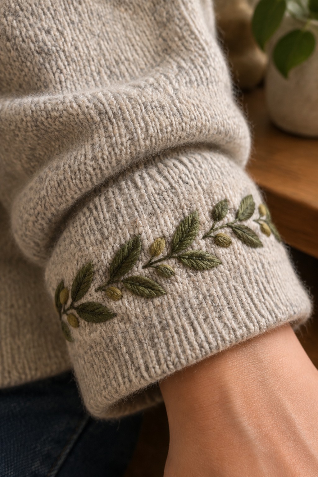 Close-up of a beige knitted sweater cuff embroidered with a repeating olive branch in green and gold thread.