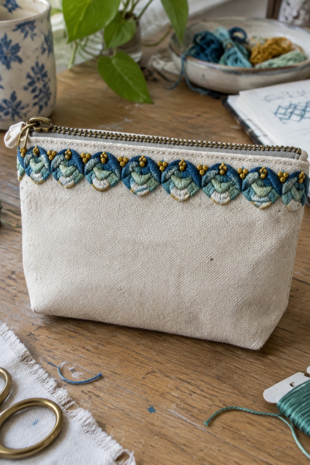 Beige fabric zipper pouch with a repeating blue, teal, and gold scalloped embroidery border.