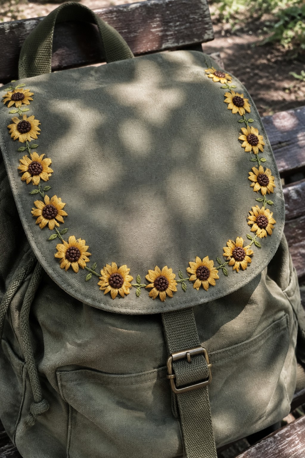 Olive green backpack with a curved flap bordered by embroidered yellow sunflowers.