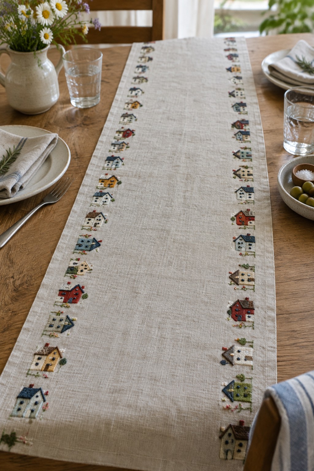 A beige linen table runner embroidered with small colorful houses spaced along both long edges.