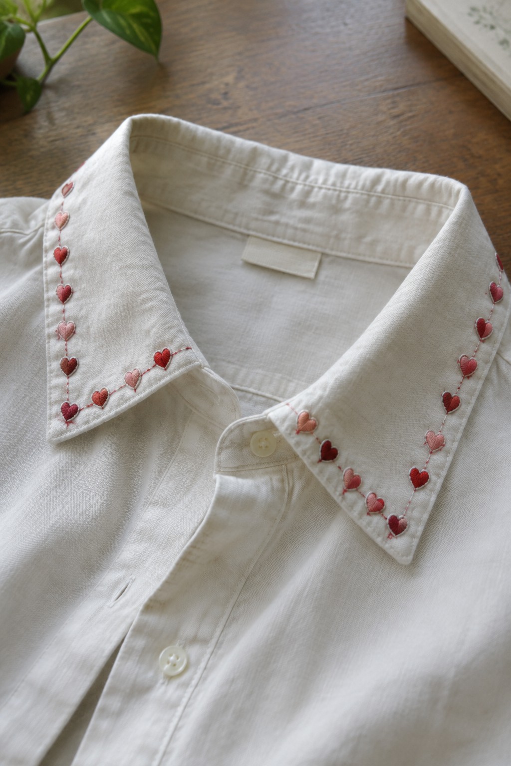 White shirt with small red and pink embroidered hearts lining the pointed collar.