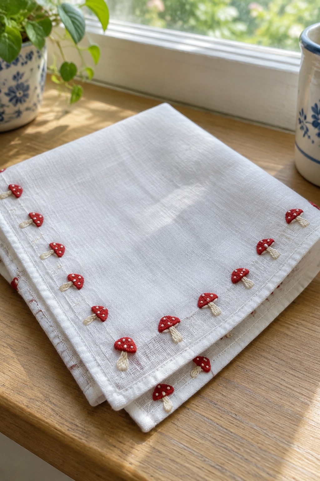 White linen napkins embroidered with evenly spaced red mushrooms along the edges, resting on a wooden table.