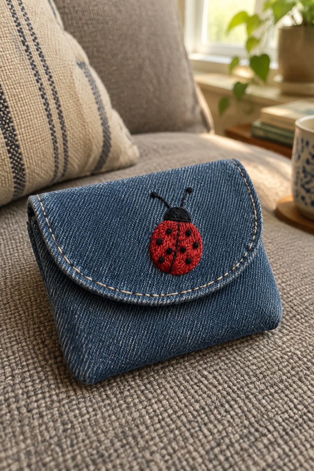 A blue denim coin purse with cream topstitching and a red-and-black embroidered ladybug on its flap rests on a woven sofa.