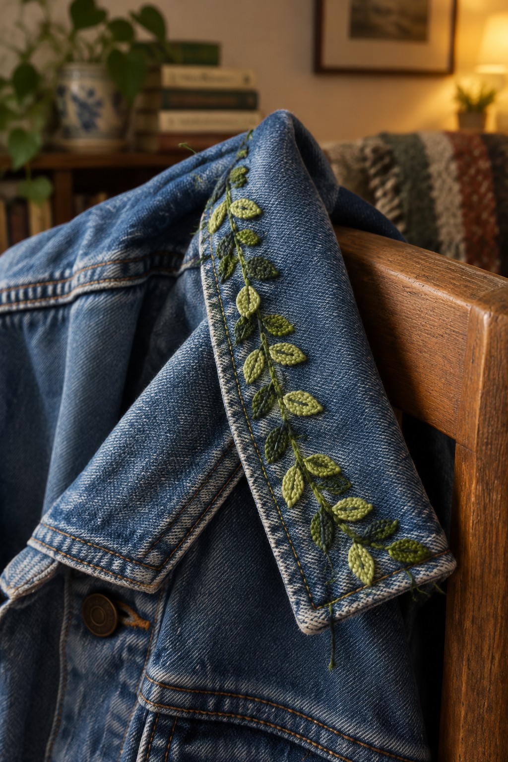 A blue denim jacket draped over a wooden chair, with a green leafy vine embroidered along its front edge.