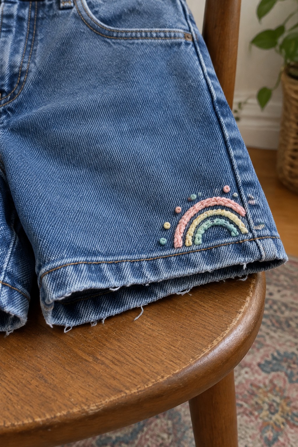 Pastel rainbow embroidery decorates the hem of folded blue jeans.