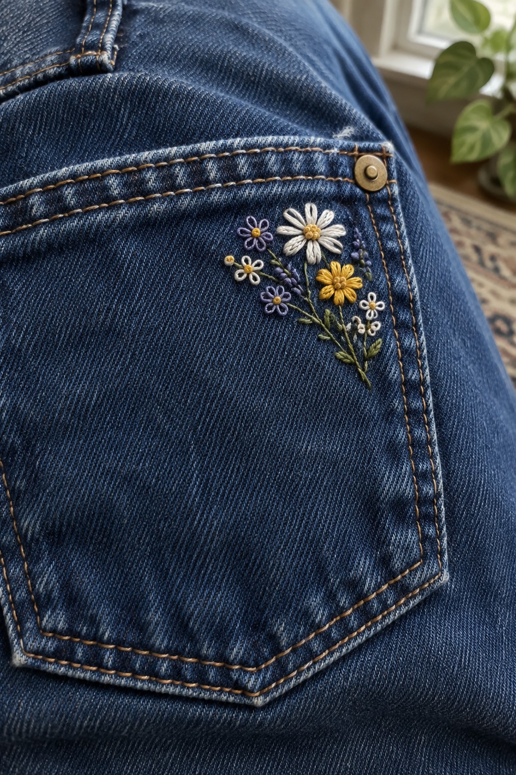 Blue jeans pocket embroidered with small white, yellow, and purple flowers.