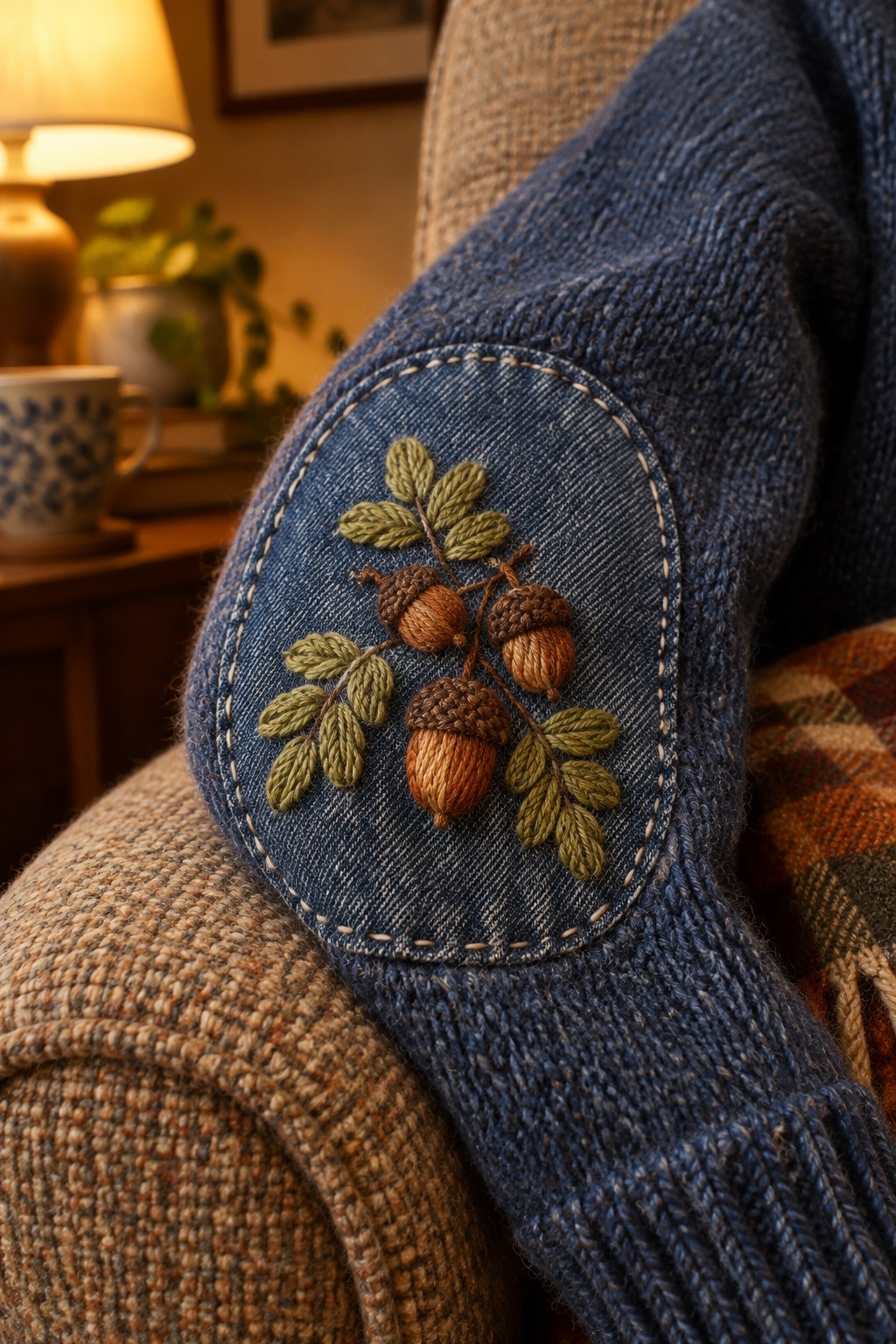 An oval denim patch embroidered with three acorns and green leaves is stitched onto the sleeve of a blue knitted garment.