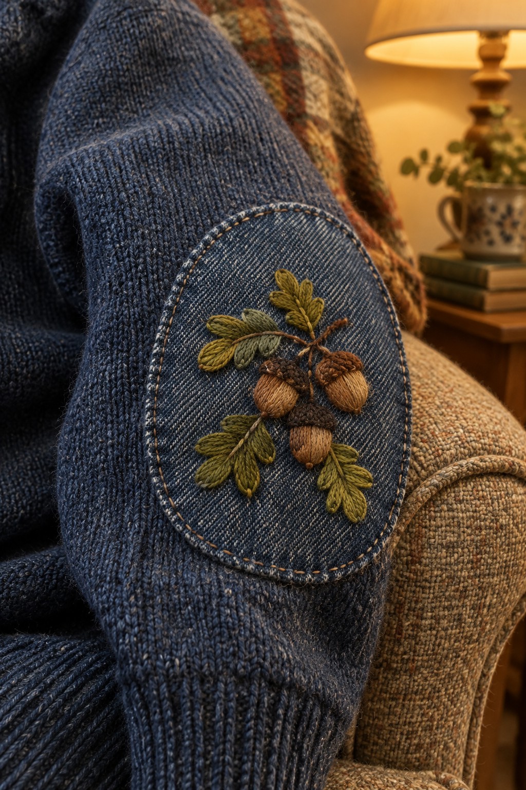 An oval denim patch embroidered with brown acorns and green leaves is sewn onto the sleeve of a blue sweater.
