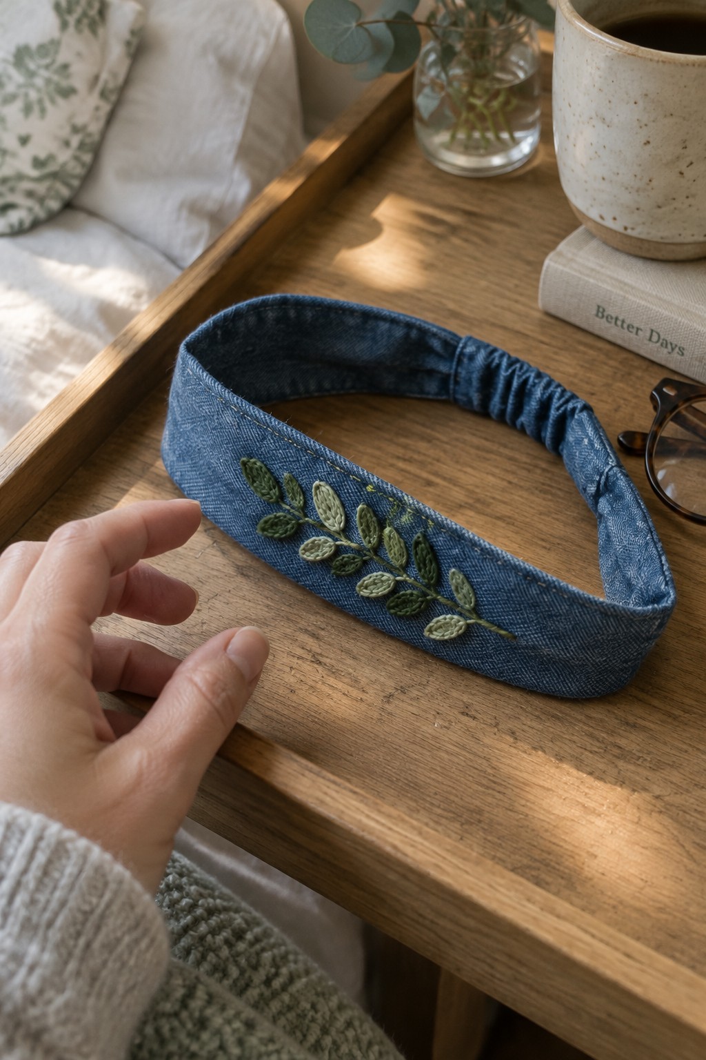 A denim headband embroidered with a green leafy vine rests on a wooden table beside a hand.