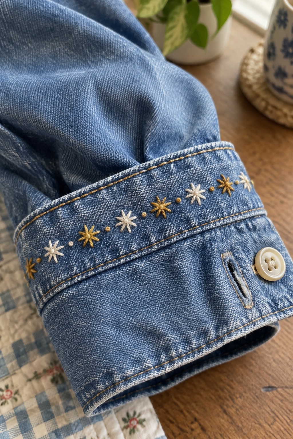 A folded blue denim cuff embroidered with a row of cream and gold flowers and dots.