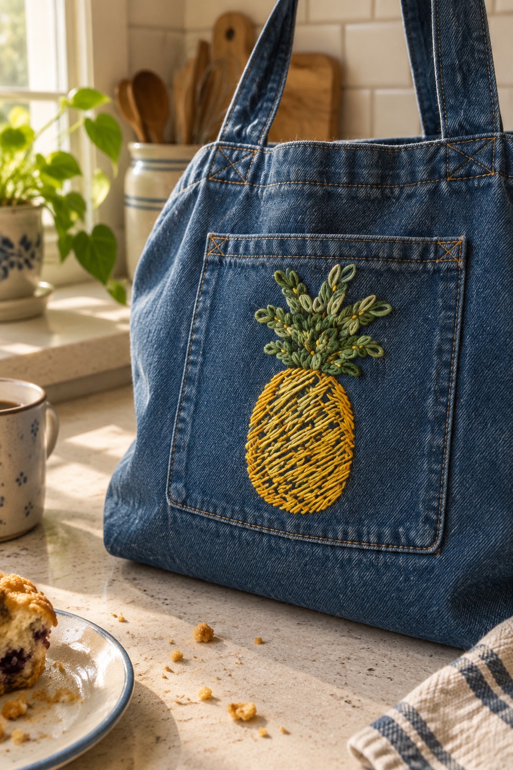 A denim tote bag with a yellow and green embroidered pineapple on its front pocket sits on a kitchen counter.