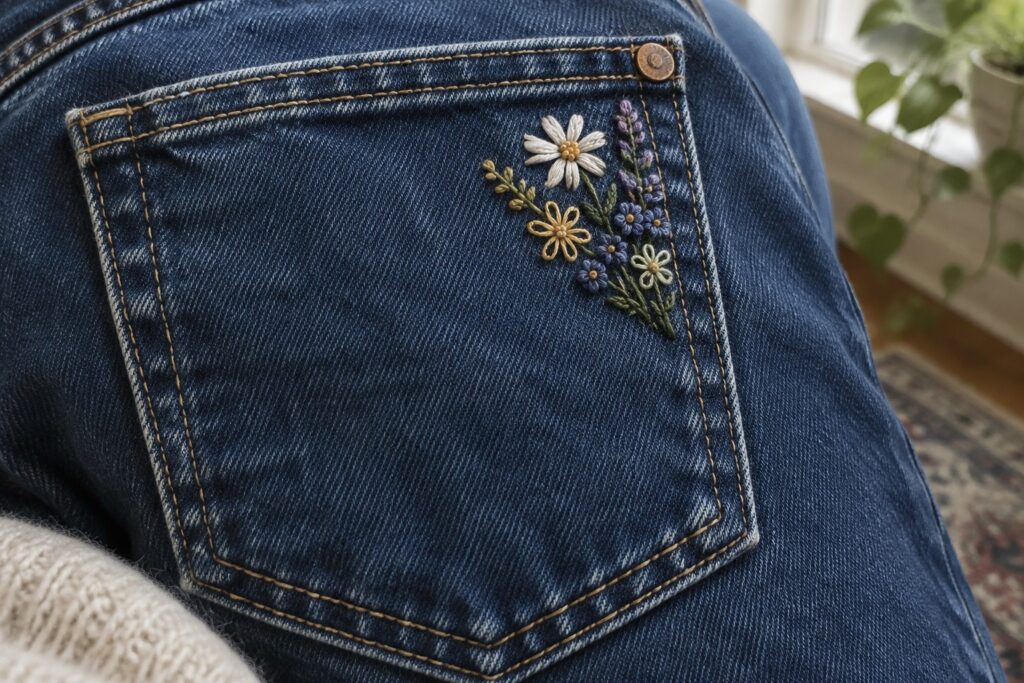20 Easy Denim Embroidery Stitches for First-Time Crafters Blue jeans pocket embroidered with small white, yellow, and purple flowers.