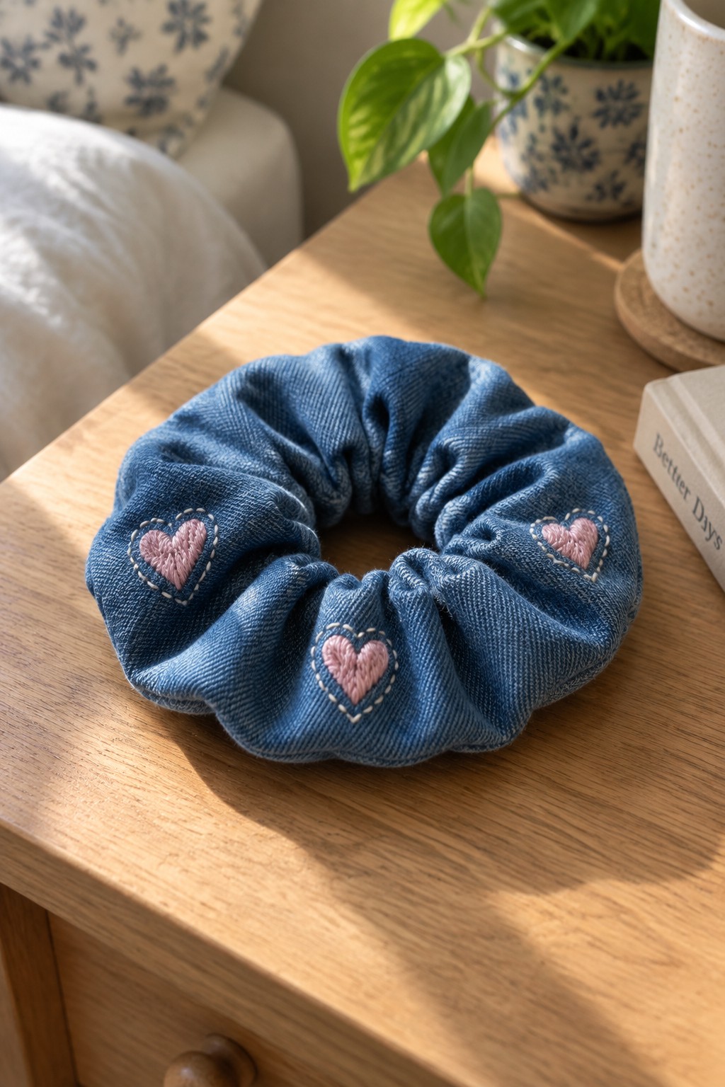 A blue denim scrunchie with three small pink embroidered hearts rests on a wooden table.
