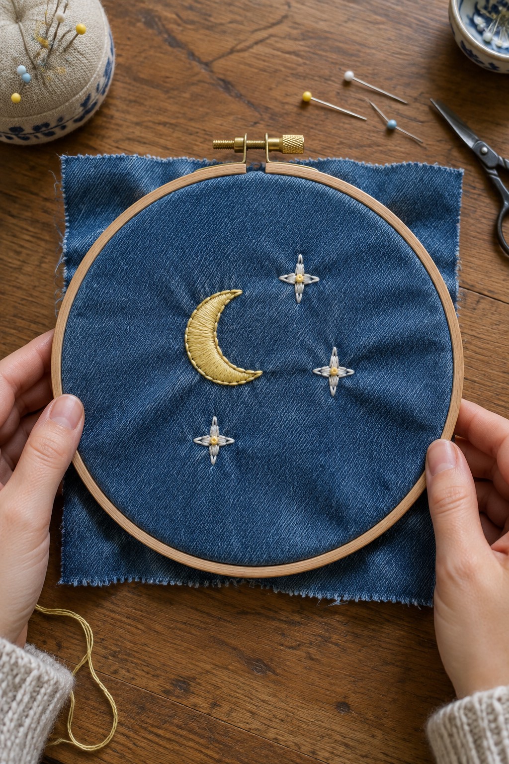 A crescent moon and three small stars embroidered in gold and pale thread on denim held in an embroidery hoop.