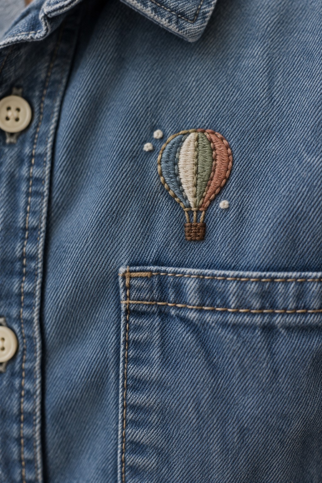 A multicolored embroidered hot air balloon sits above the pocket of a blue denim shirt.