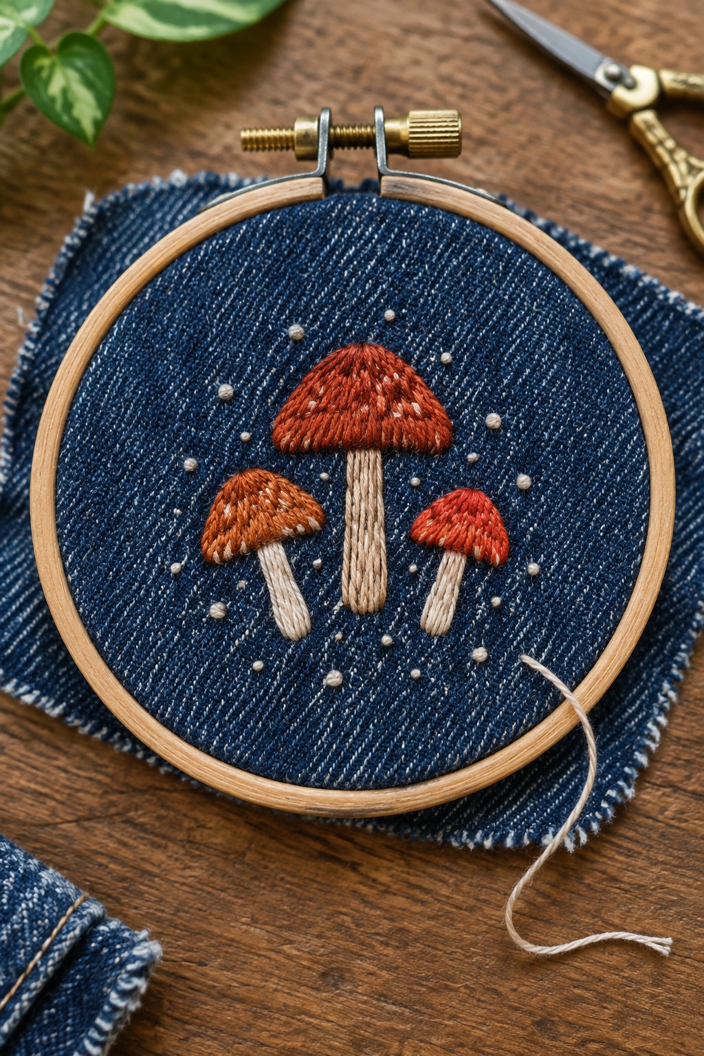 Three embroidered mushrooms in warm red and orange thread sit on dark denim held in an embroidery hoop.