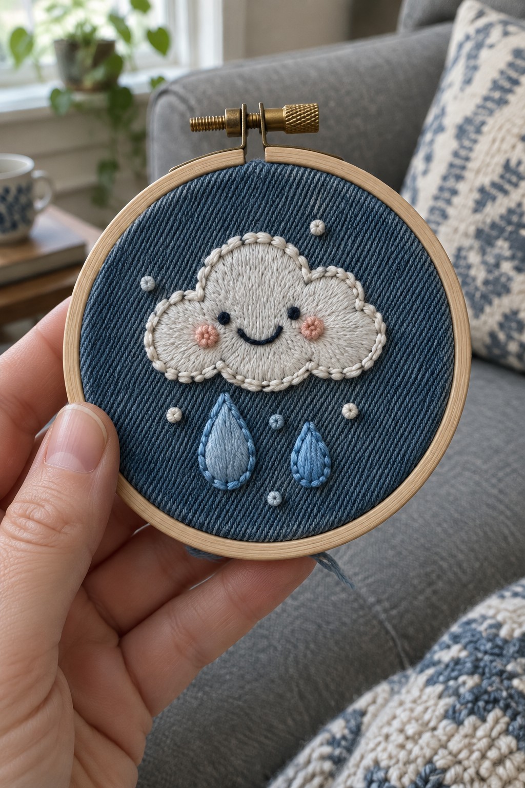 A wooden embroidery hoop holds dark denim stitched with a smiling white cloud, blue raindrops, and small accents.