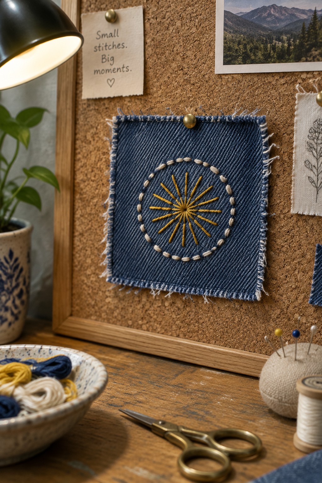 A square of frayed blue denim pinned to a corkboard, embroidered with a gold sunburst inside a cream stitched circle.