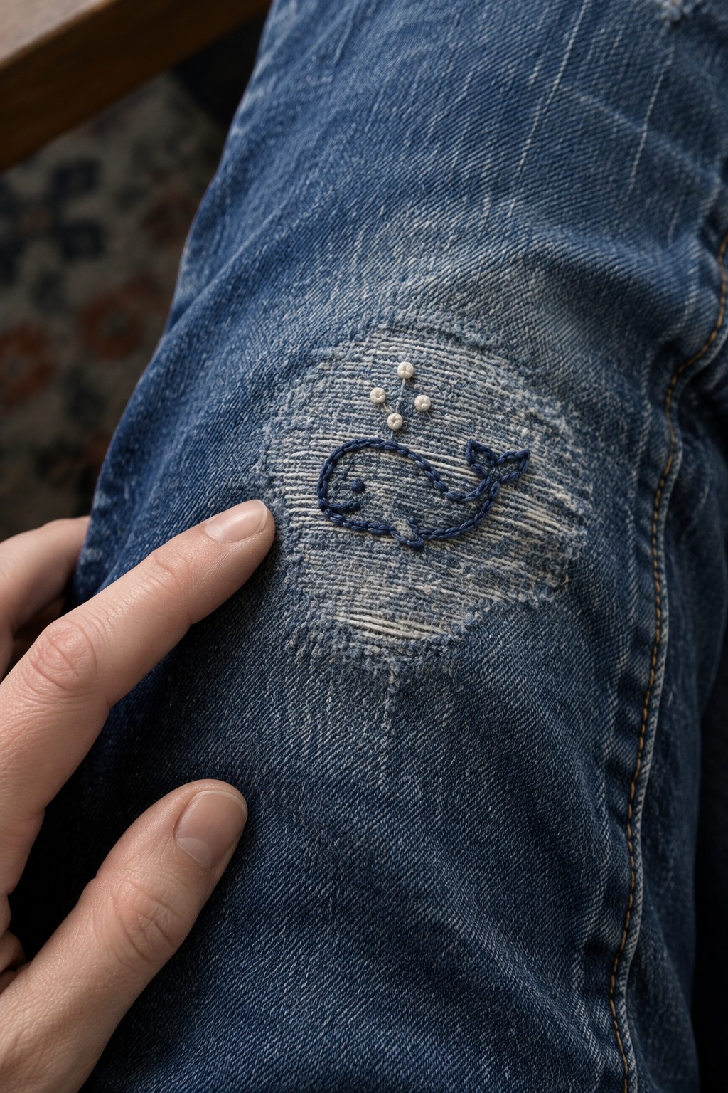 A hand points to a small dark blue whale embroidered on a faded area of denim, with four pale dots above it.