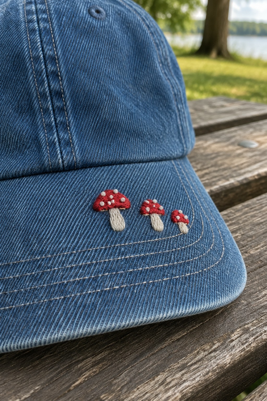 Three red-and-cream embroidered mushrooms decorate the front of a blue denim cap resting on a wooden picnic table.