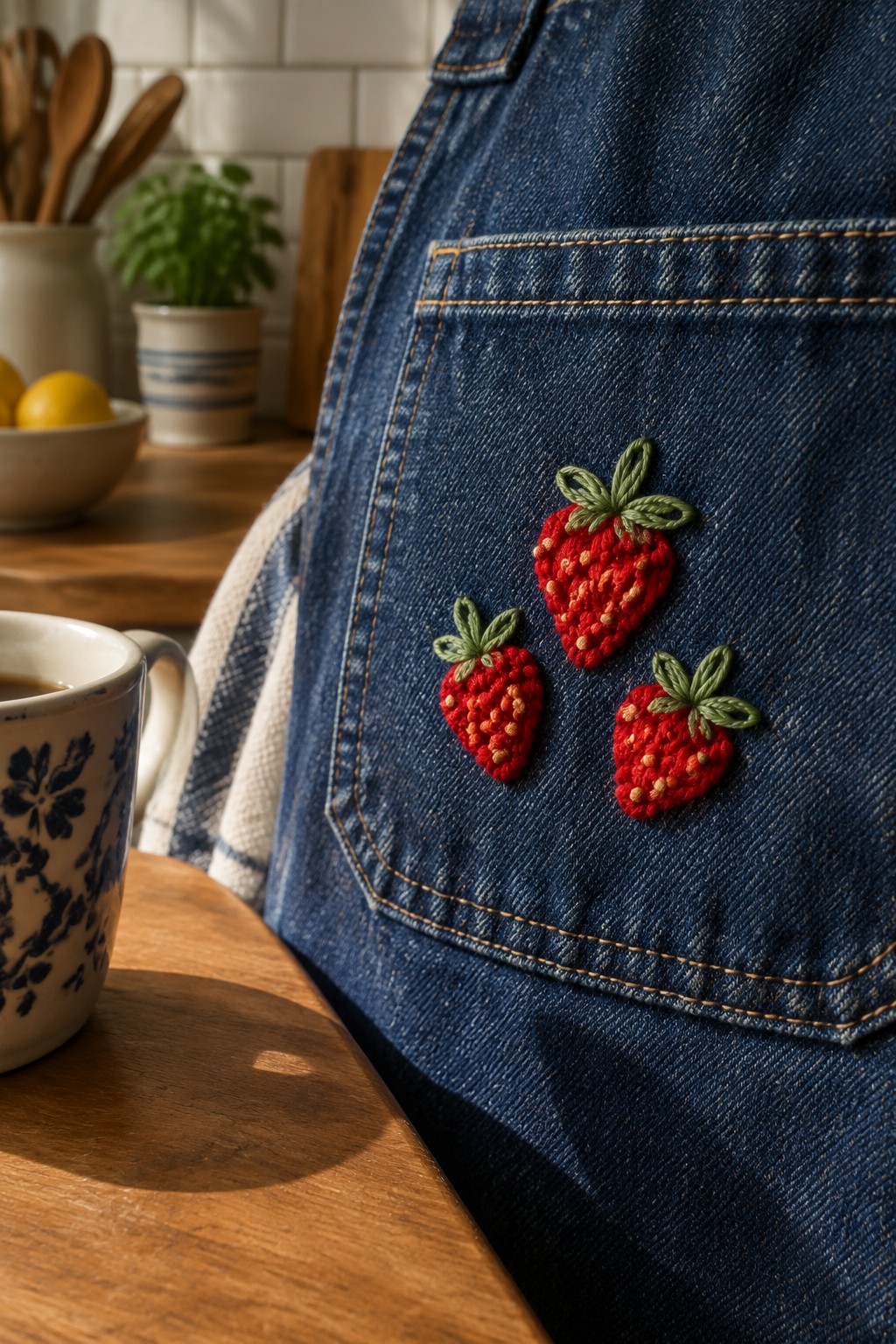 Three red embroidered strawberries with green leaves decorate the pocket of a denim apron.