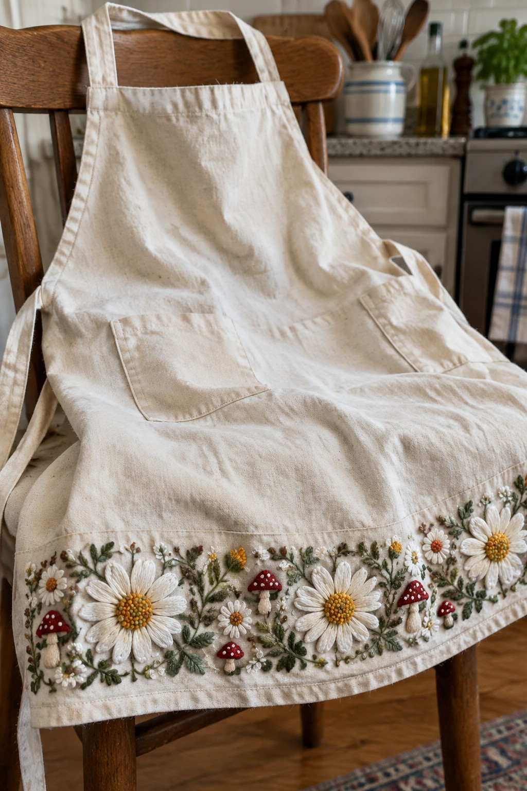 Cream apron with an embroidered border of daisies, leaves, and red mushrooms along the lower hem, draped over a wooden chair.