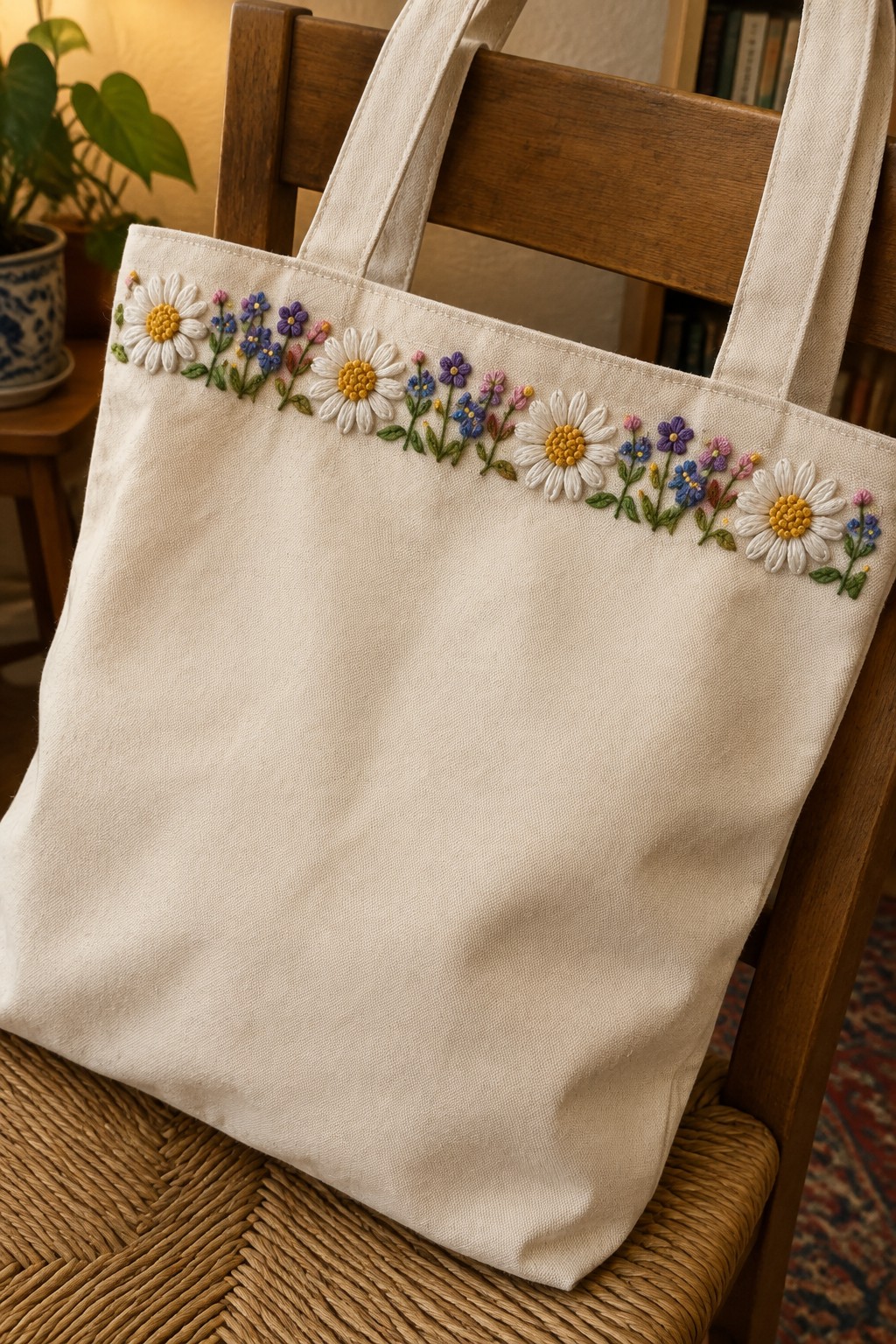An ivory canvas tote with a colorful embroidered flower border along its top edge, resting on a wooden chair.