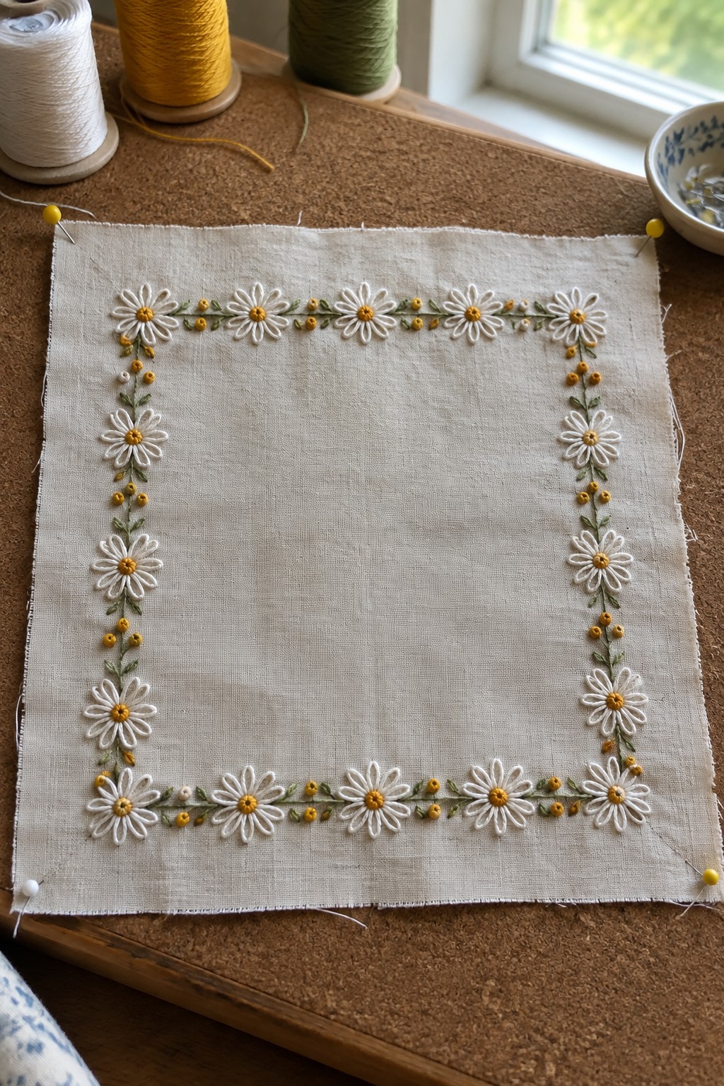 White daisy and yellow bud embroidery forms a rectangular border on a linen panel.
