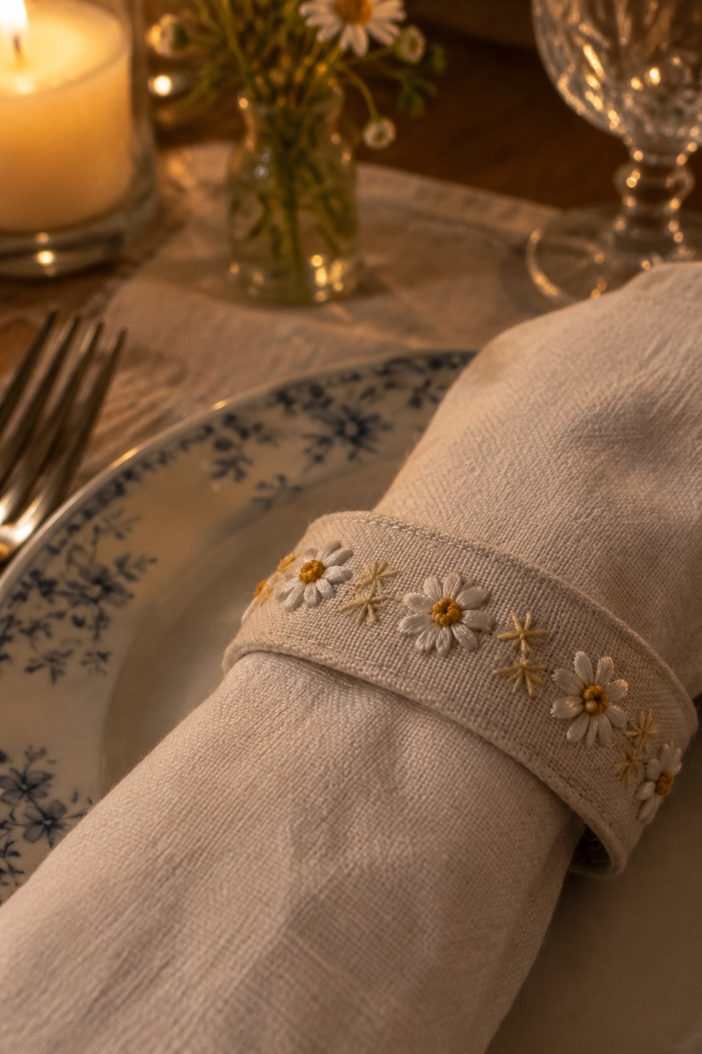 A cream napkin with an embroidered white daisy border rests on a blue-and-white plate beside a candle and flowers.