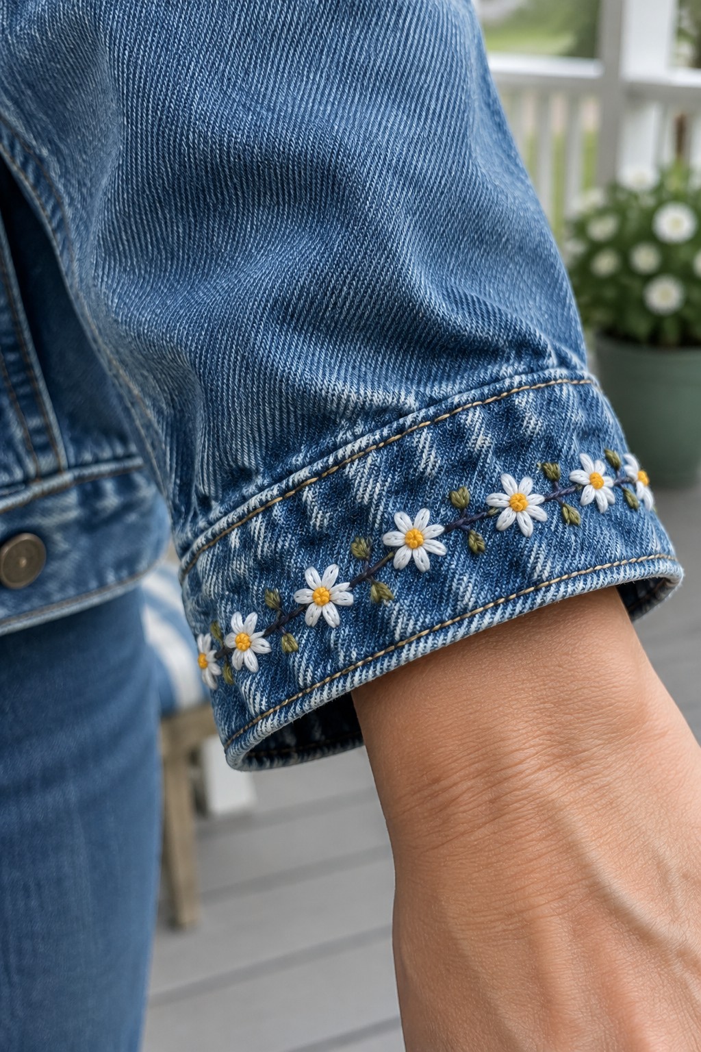 White daisies with yellow centers and green leaves embroidered along the cuff of a blue denim jacket.
